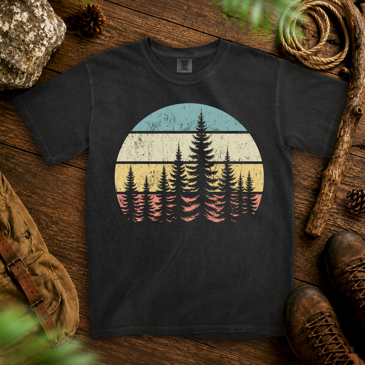 Retro Pine Sunset T-Shirt — Black