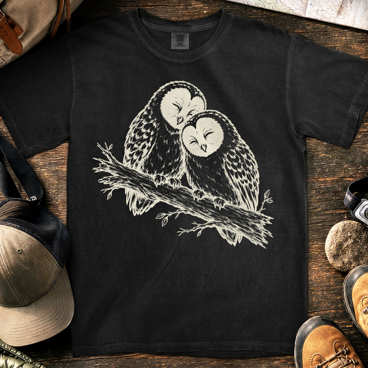 Minimalist Two Owls T-Shirt — Black