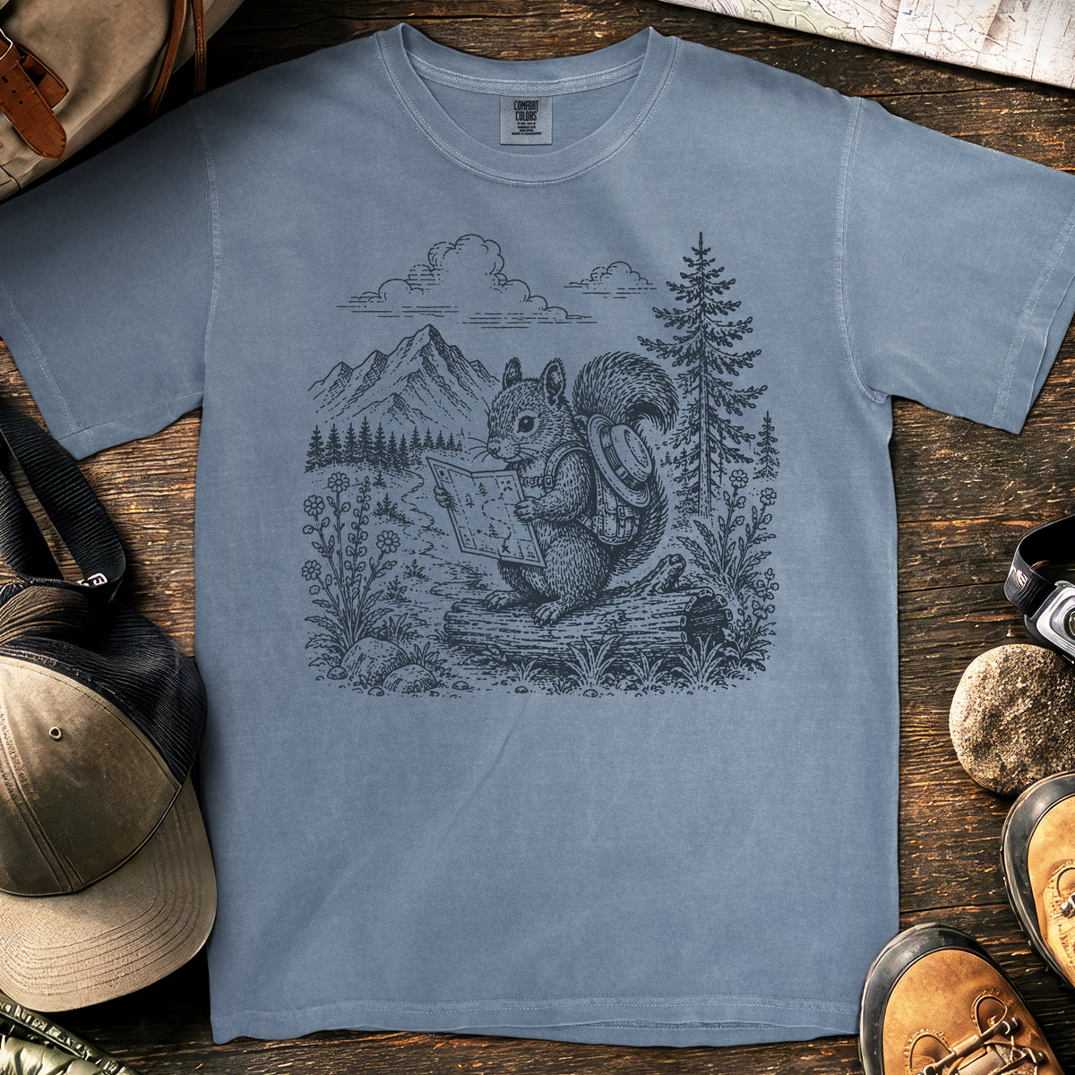 Explorer Squirrel T-Shirt — Blue Jean