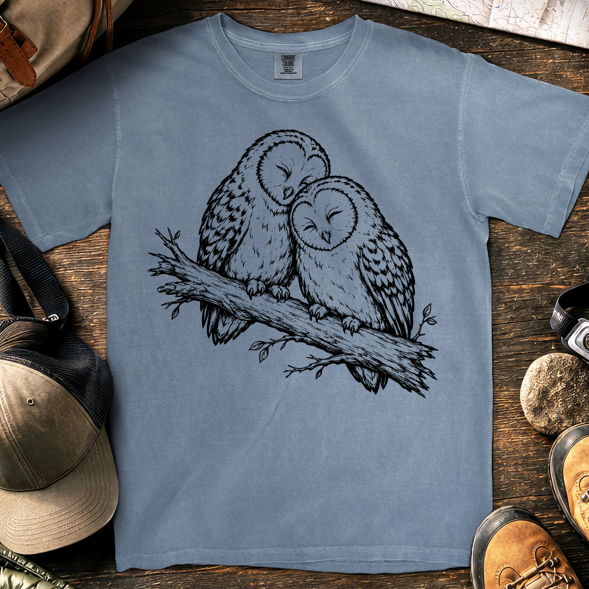 Minimalist Two Owls T-Shirt — Blue Jean