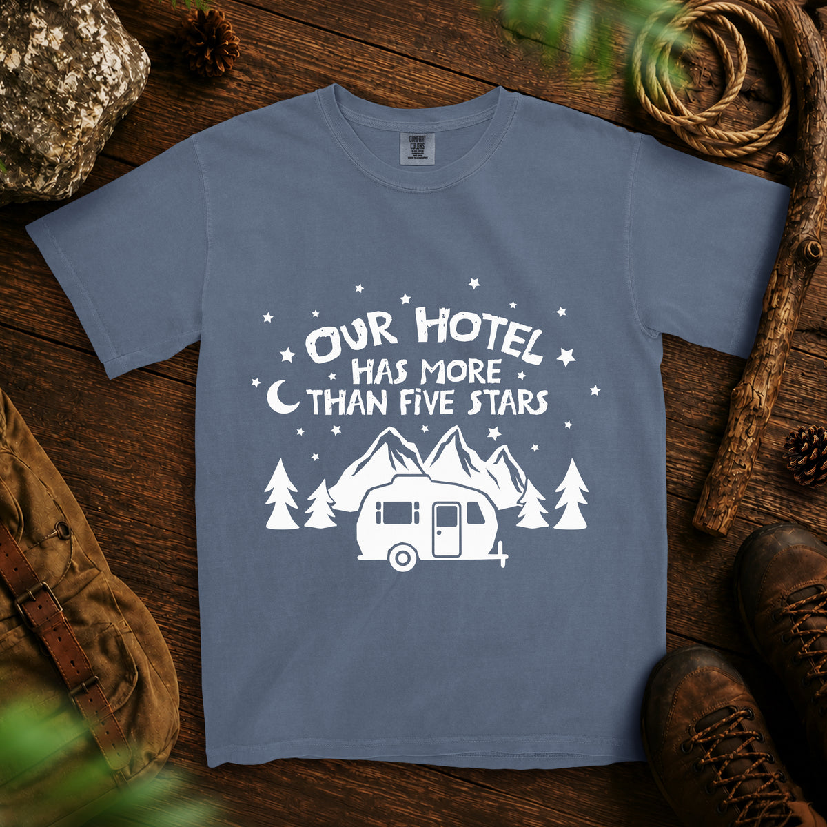 Five Star Camping T-Shirt — Blue Jean