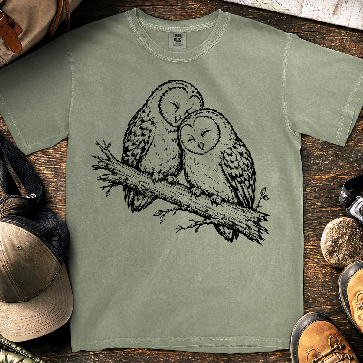 Minimalist Two Owls T-Shirt — Moss