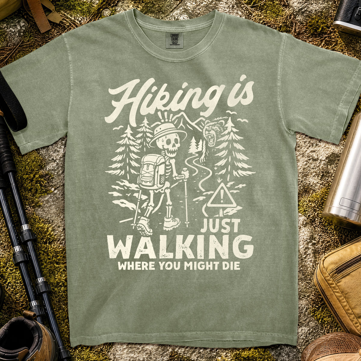 Hiking Skeleton Adventure T-Shirt — Moss