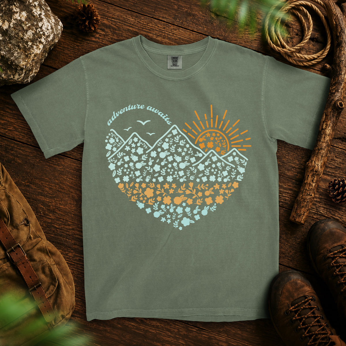 Floral Mountain Adventure T-Shirt — Moss