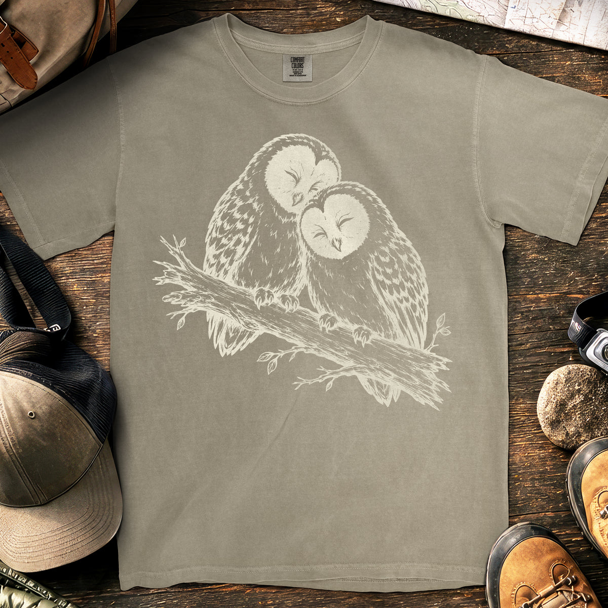 Minimalist Two Owls T-Shirt — Sandstone